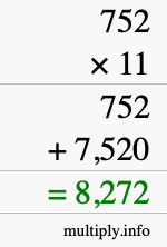 How to calculate 752 times 11 using long multiplication