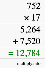 How to calculate 752 times 17 using long multiplication