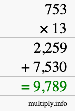 How to calculate 753 times 13 using long multiplication