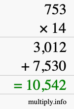 How to calculate 753 times 14 using long multiplication