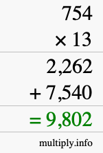 How to calculate 754 times 13 using long multiplication