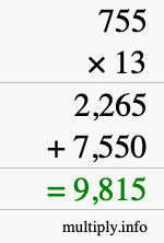 How to calculate 755 times 13 using long multiplication