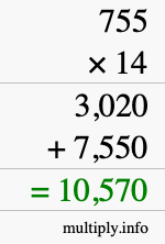 How to calculate 755 times 14 using long multiplication