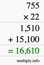 How to calculate 755 times 22 using long multiplication