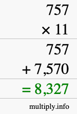 How to calculate 757 times 11 using long multiplication