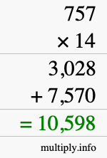 How to calculate 757 times 14 using long multiplication