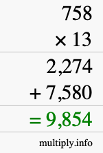 How to calculate 758 times 13 using long multiplication