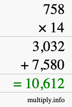 How to calculate 758 times 14 using long multiplication