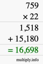 How to calculate 759 times 22 using long multiplication