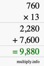 How to calculate 760 times 13 using long multiplication