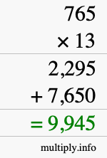 How to calculate 765 times 13 using long multiplication