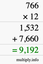 How to calculate 766 times 12 using long multiplication