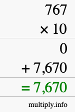 How to calculate 767 times 10 using long multiplication