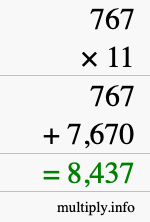 How to calculate 767 times 11 using long multiplication