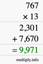How to calculate 767 times 13 using long multiplication