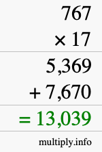 How to calculate 767 times 17 using long multiplication