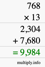 How to calculate 768 times 13 using long multiplication