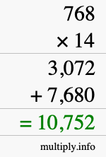 How to calculate 768 times 14 using long multiplication