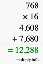 How to calculate 768 times 16 using long multiplication