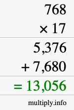How to calculate 768 times 17 using long multiplication