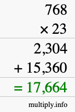 How to calculate 768 times 23 using long multiplication