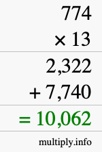 How to calculate 774 times 13 using long multiplication