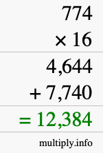 How to calculate 774 times 16 using long multiplication