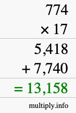 How to calculate 774 times 17 using long multiplication