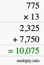How to calculate 775 times 13 using long multiplication