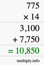How to calculate 775 times 14 using long multiplication