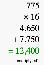How to calculate 775 times 16 using long multiplication