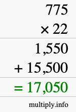How to calculate 775 times 22 using long multiplication