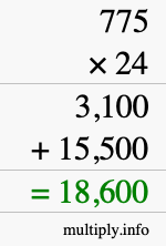 How to calculate 775 times 24 using long multiplication