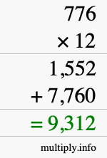How to calculate 776 times 12 using long multiplication