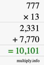 How to calculate 777 times 13 using long multiplication