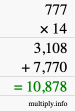 How to calculate 777 times 14 using long multiplication