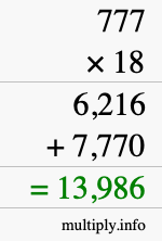 How to calculate 777 times 18 using long multiplication