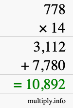 How to calculate 778 times 14 using long multiplication