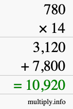 How to calculate 780 times 14 using long multiplication
