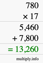 How to calculate 780 times 17 using long multiplication