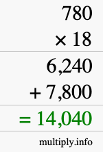How to calculate 780 times 18 using long multiplication