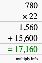 How to calculate 780 times 22 using long multiplication