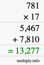 How to calculate 781 times 17 using long multiplication