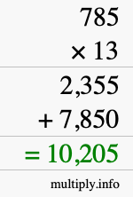 How to calculate 785 times 13 using long multiplication