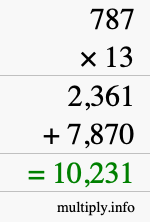 How to calculate 787 times 13 using long multiplication