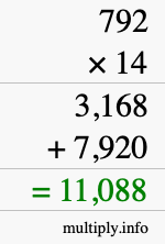 How to calculate 792 times 14 using long multiplication