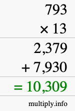 How to calculate 793 times 13 using long multiplication