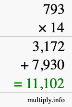How to calculate 793 times 14 using long multiplication