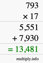 How to calculate 793 times 17 using long multiplication