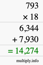 How to calculate 793 times 18 using long multiplication
